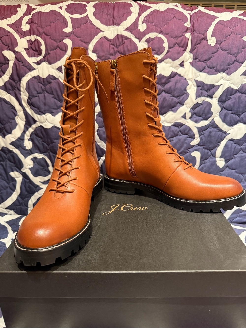 J-Crew leather boots Gwen lug-sole leather lace-up tall shaft boot oak color,S 8